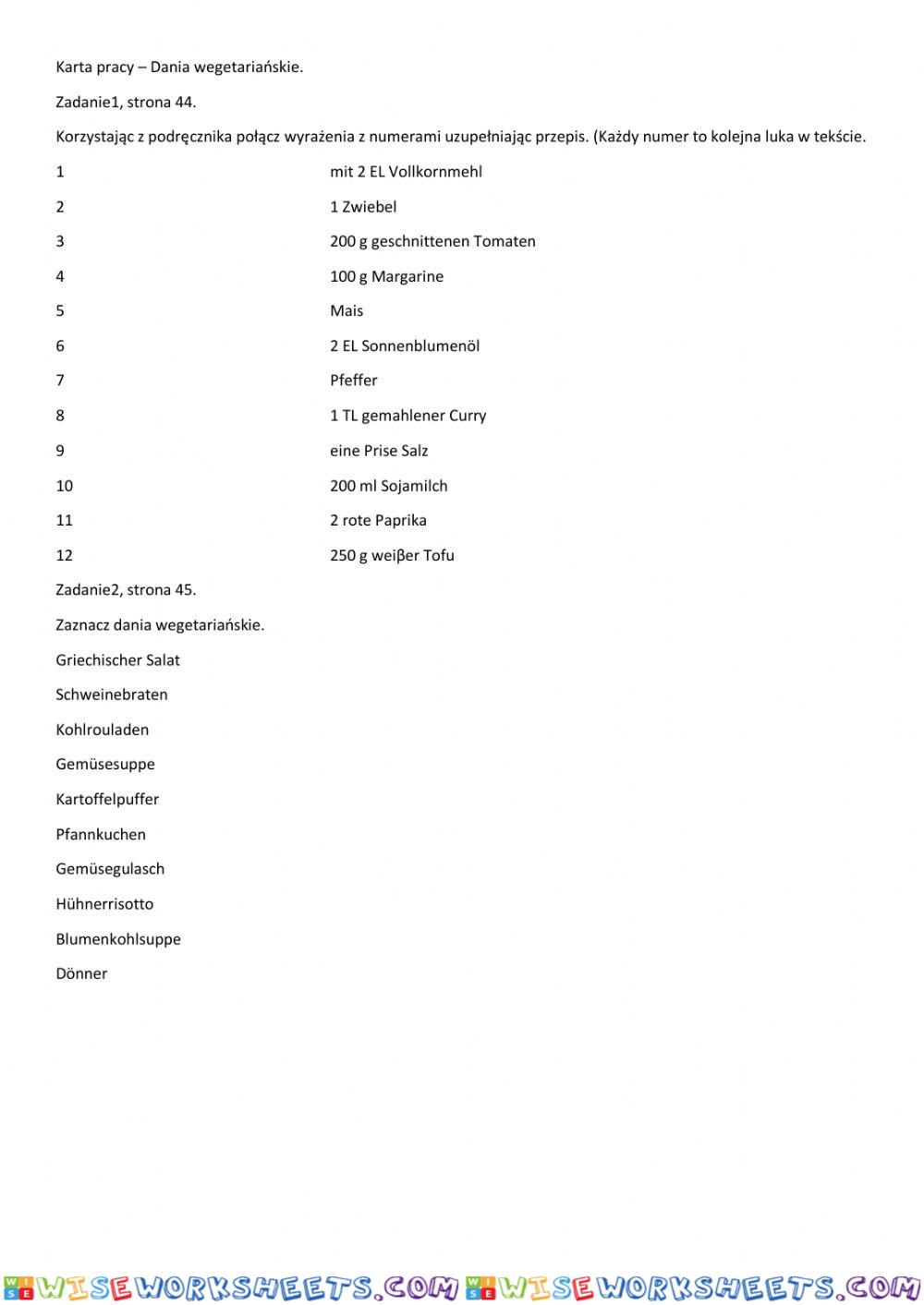 Karta pracy dania wegetariańskie