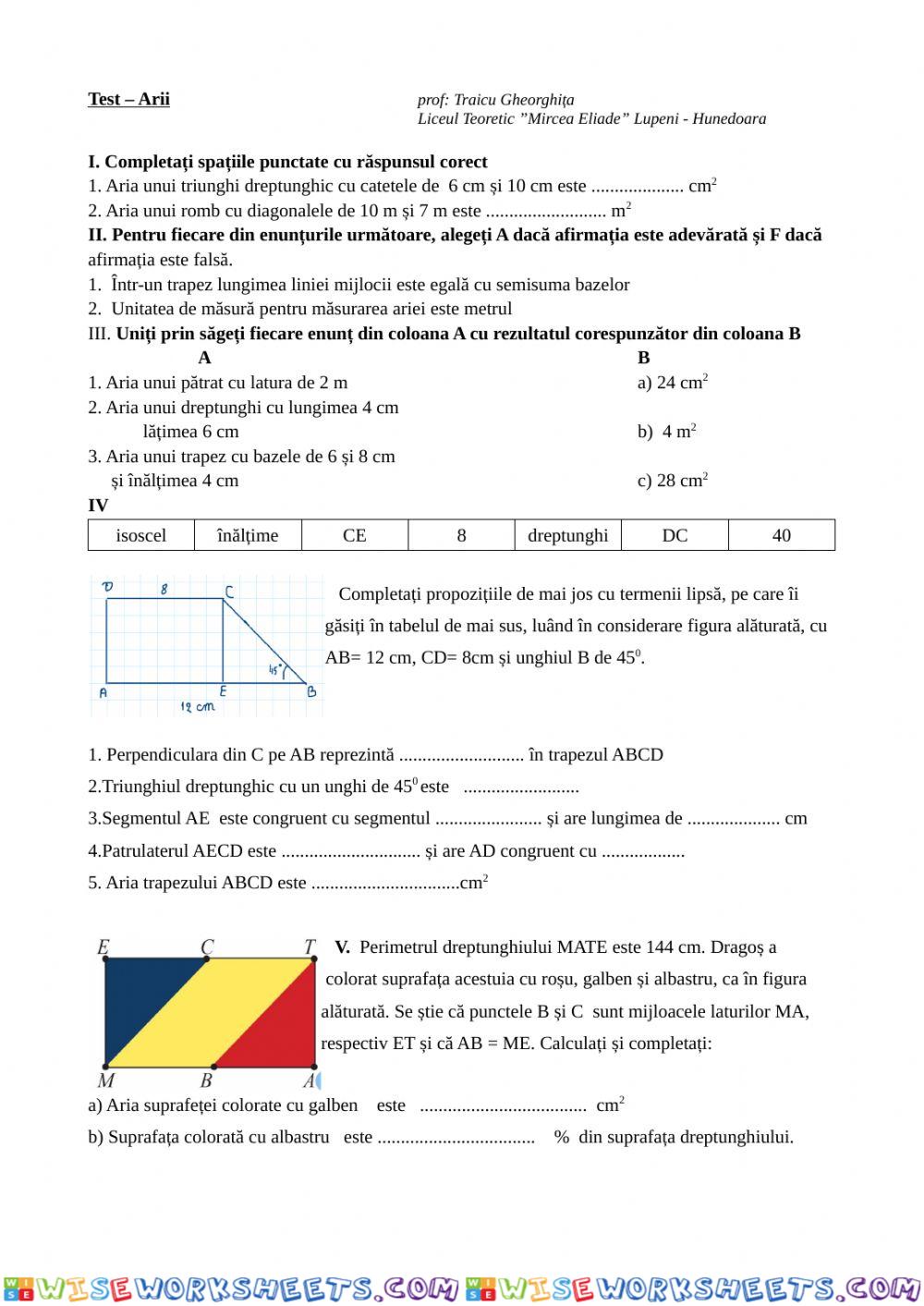 Test Arii clasa a VII-a