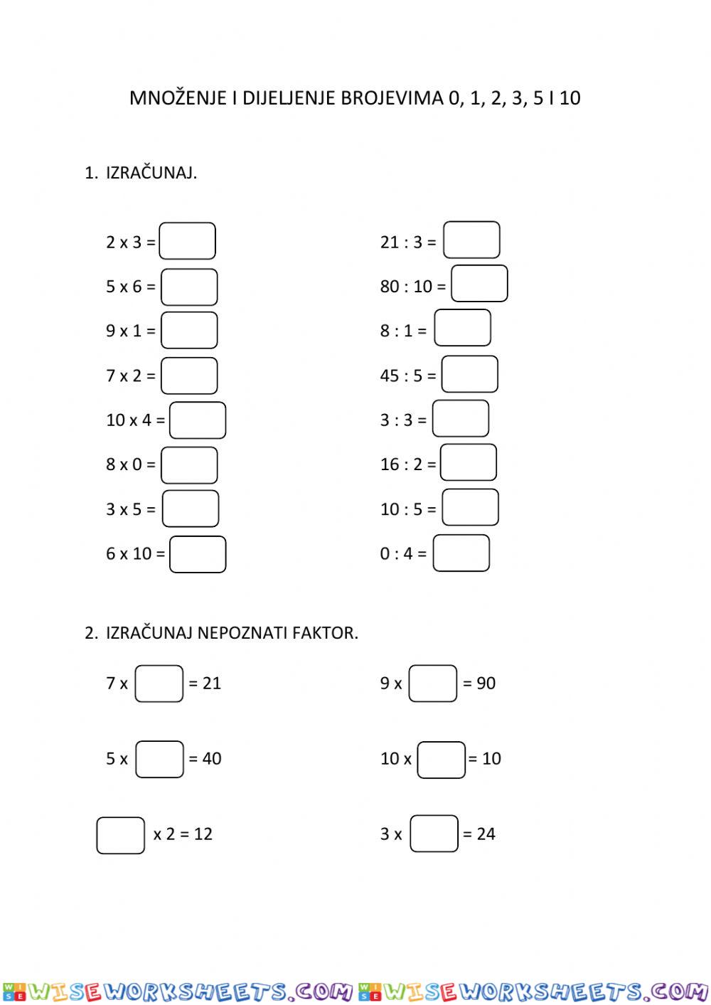 Množenje i dijeljenje brojevima 0, 1, 2, 3, 5, i 10