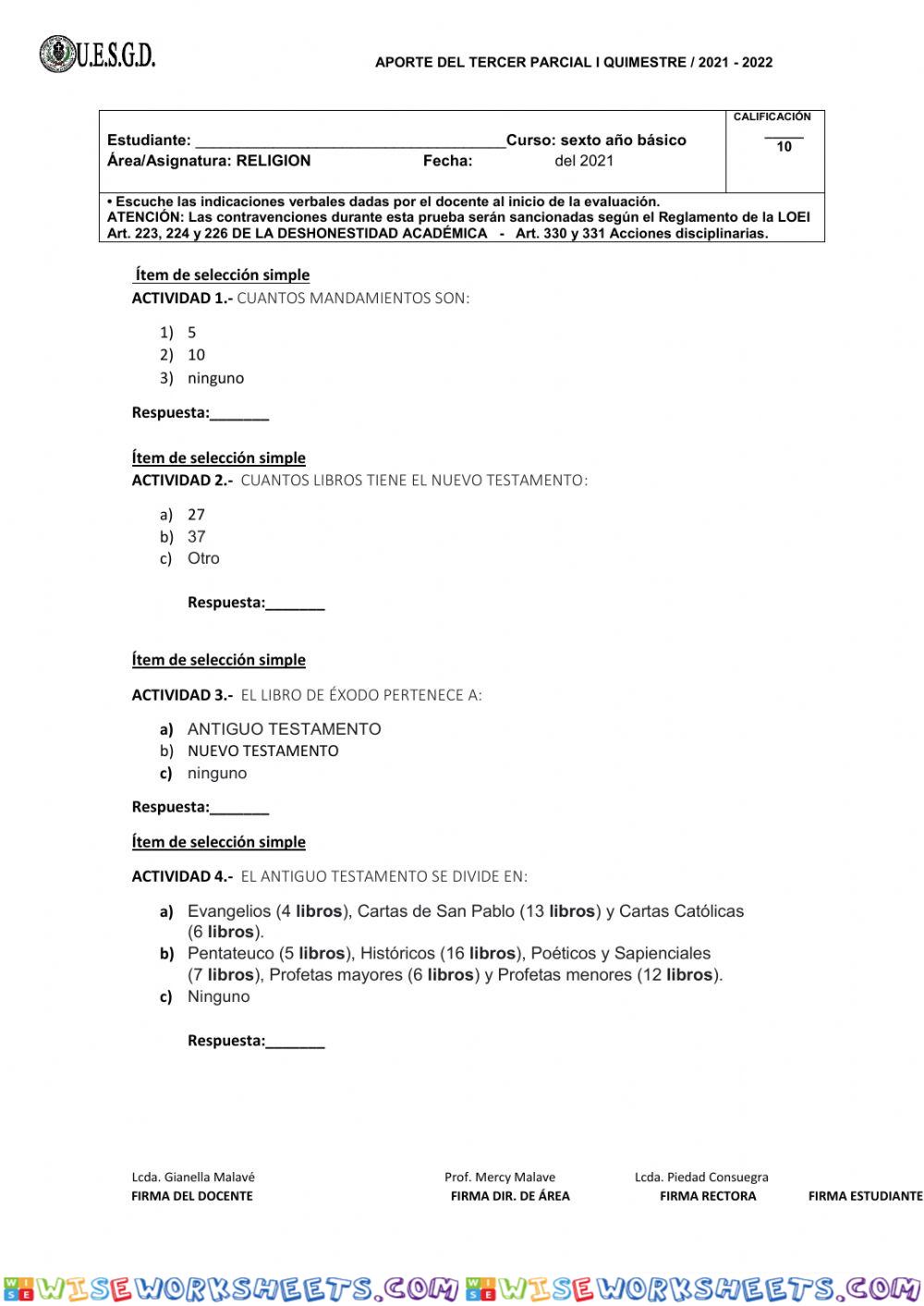 Evaluación tercer parcial RELIGIÓN