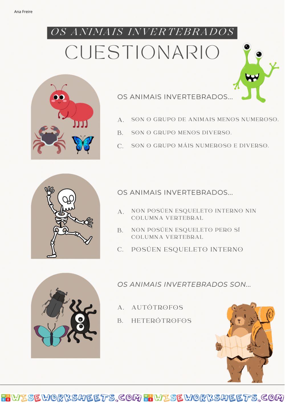 Cuestionario os animais invertebrados