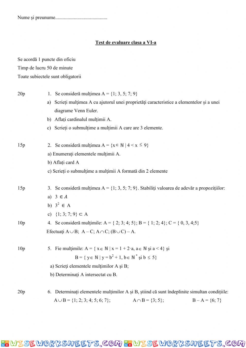 Model TEST MULȚIMI clasa a VI-a