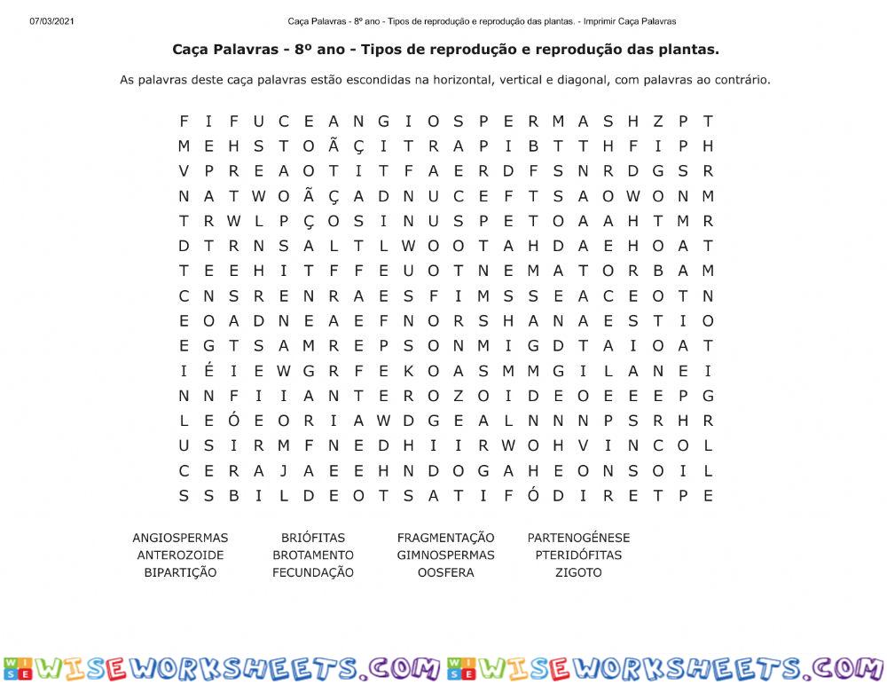 Caça Palavras - 8º ano - Tipos de reprodução e reprodução das plantas.