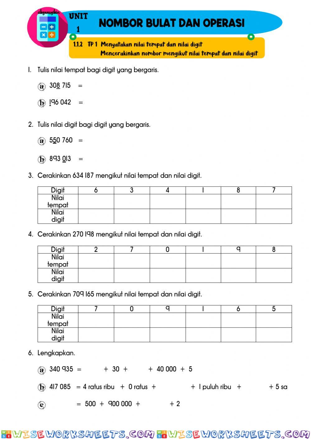 1.1.2 Nilai Tempat dan Nilai Digit (Matematik Tahun 5)