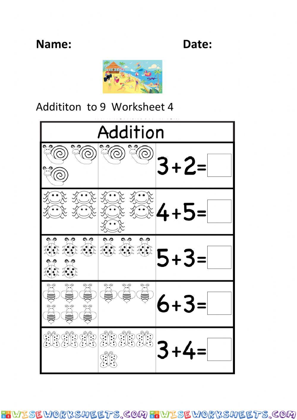Addition to 9 Worksheet 4