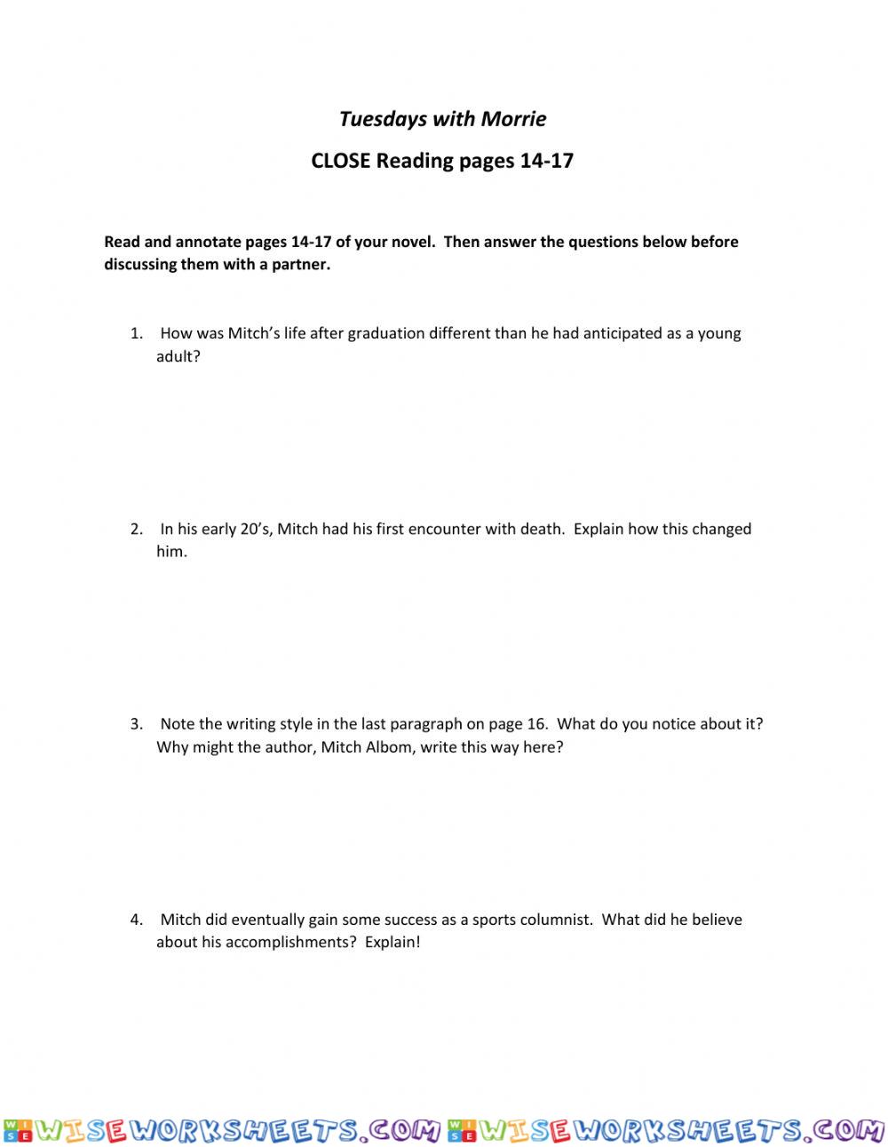 Tuesdays with Morrie 14-17 CLOSE Reading