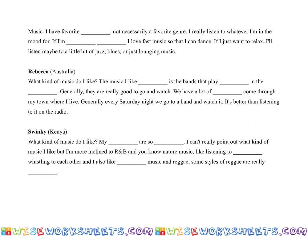 Music-6 ppl Favorite Music Genre Dictation Exercise