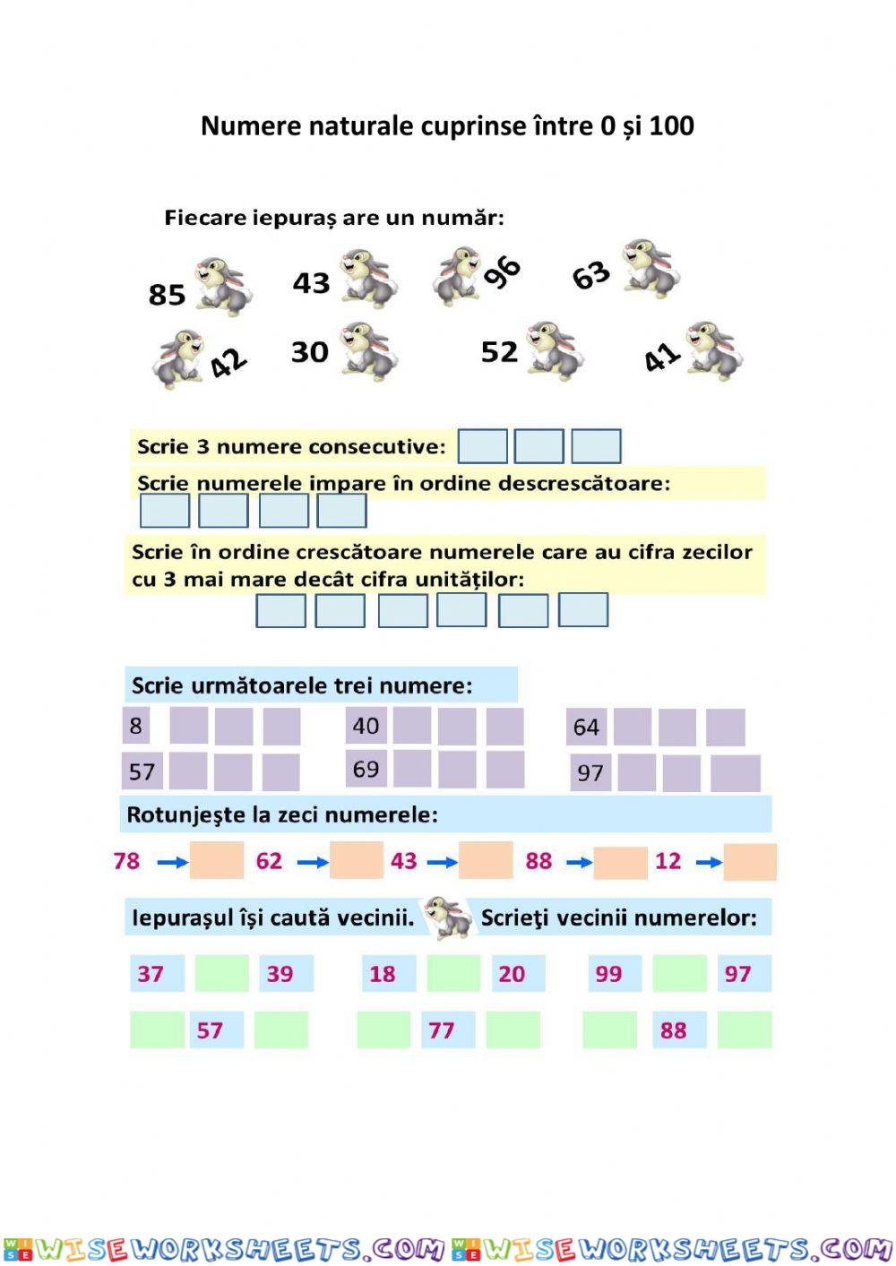 Iepuraș matematician-Numere naturale 0-100, numărare,ordonare, fișa 1