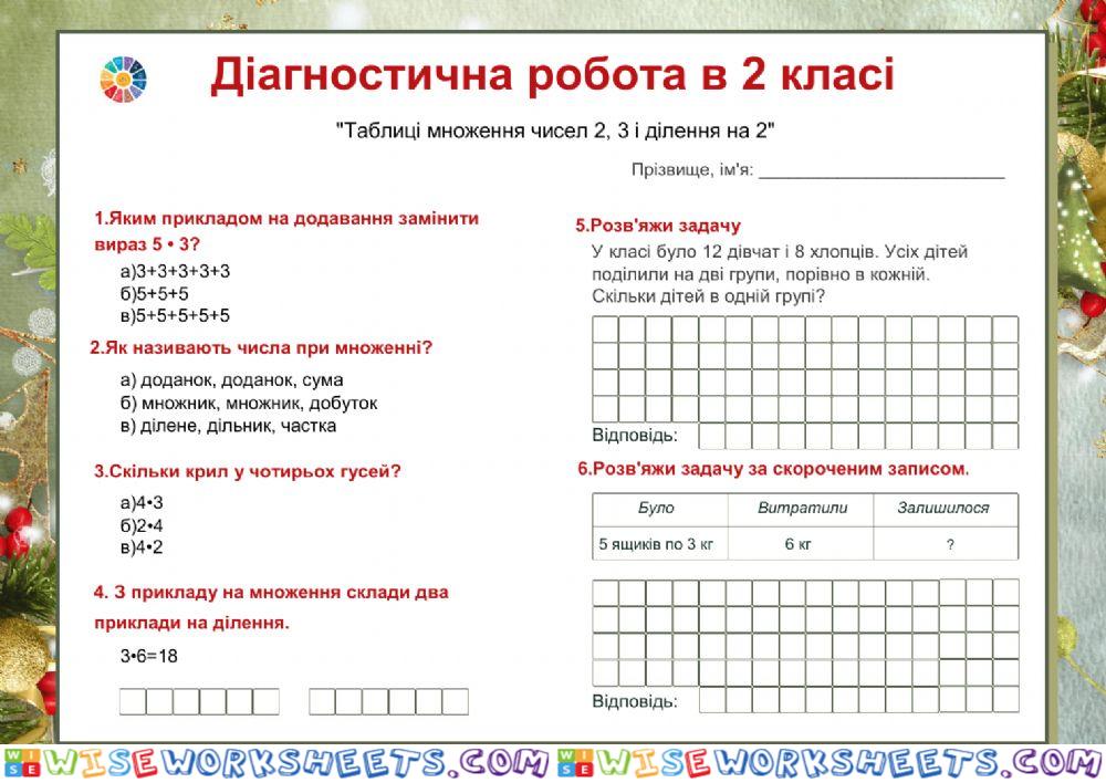 Діагностувальна робота -Таблиці множення на 2,3. Таблиця ділення на 2-