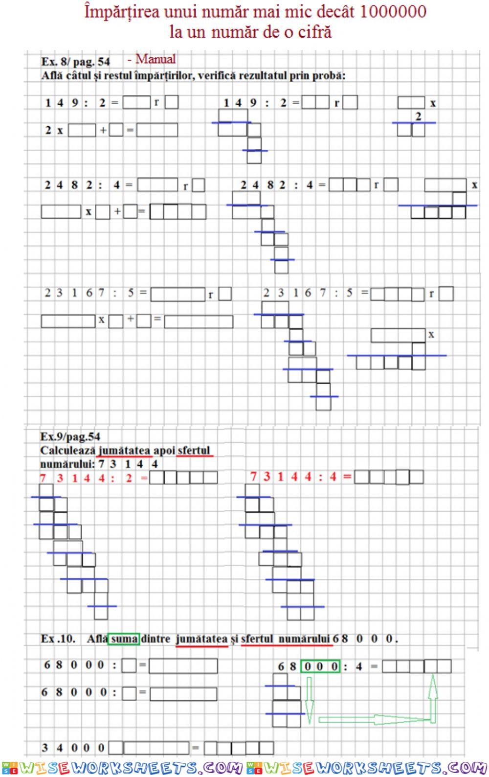 Fășă aplicații-Împărțirea numerelor mai mici decât 1000000-manual