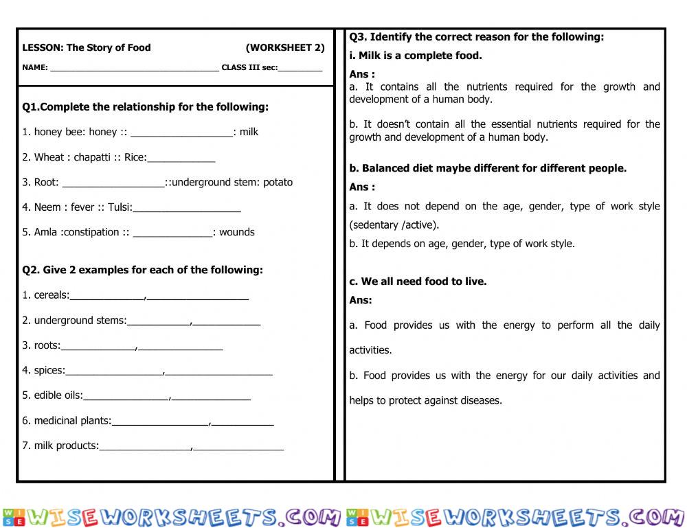 The story of food worksheet 2