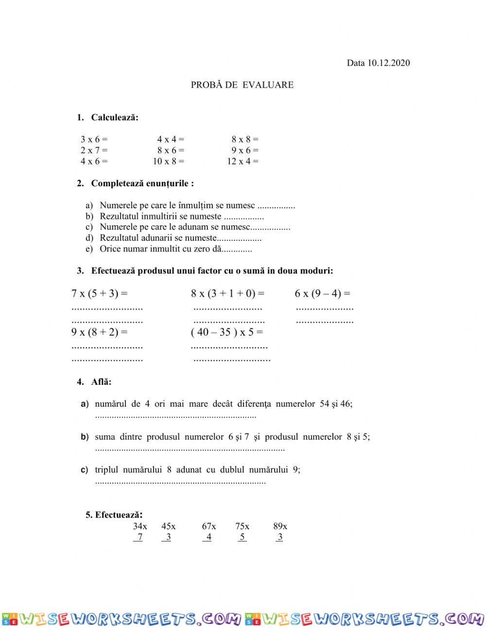 Evaluare matematica - inmultirea