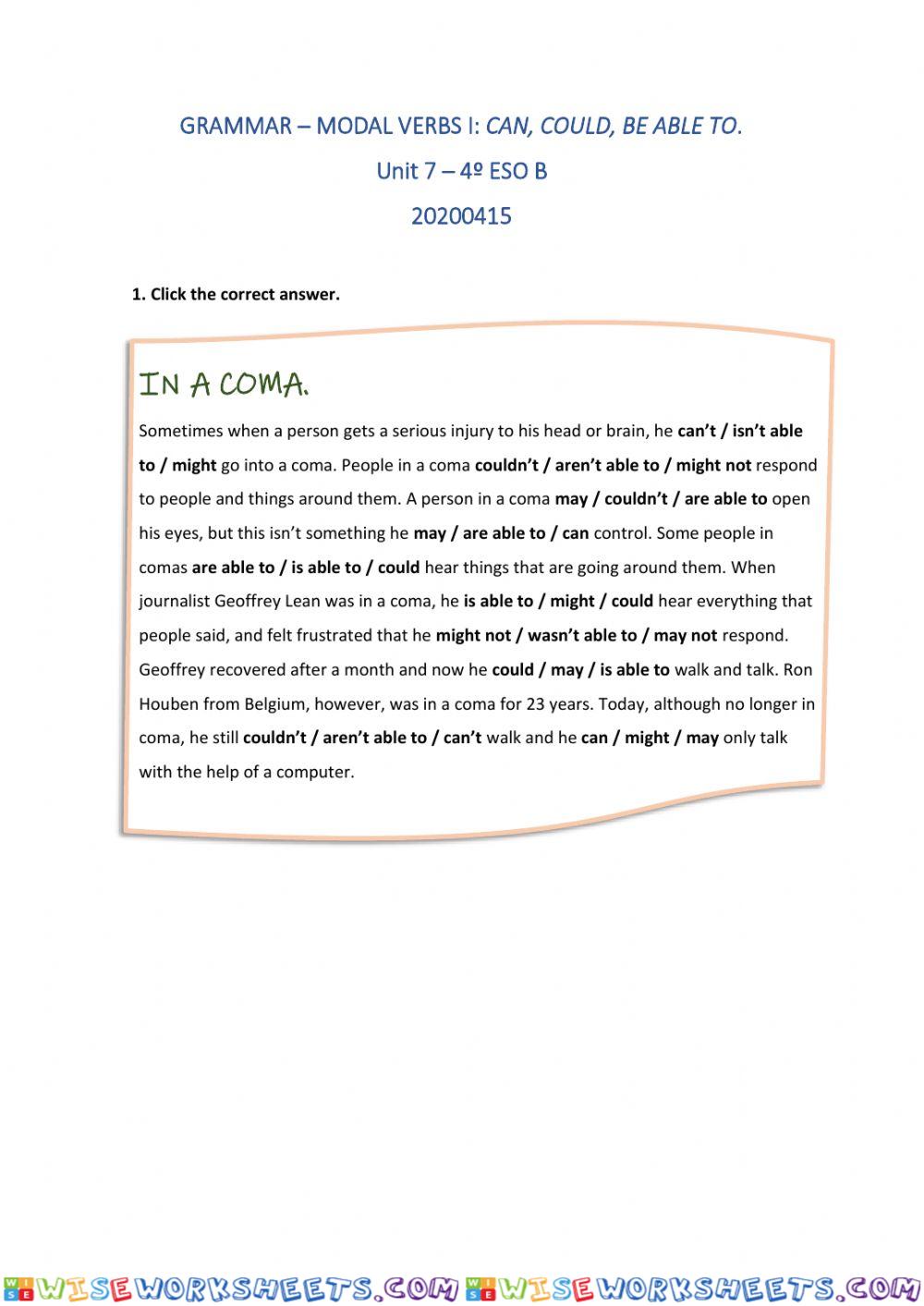 Grammar - can, could, be able to
