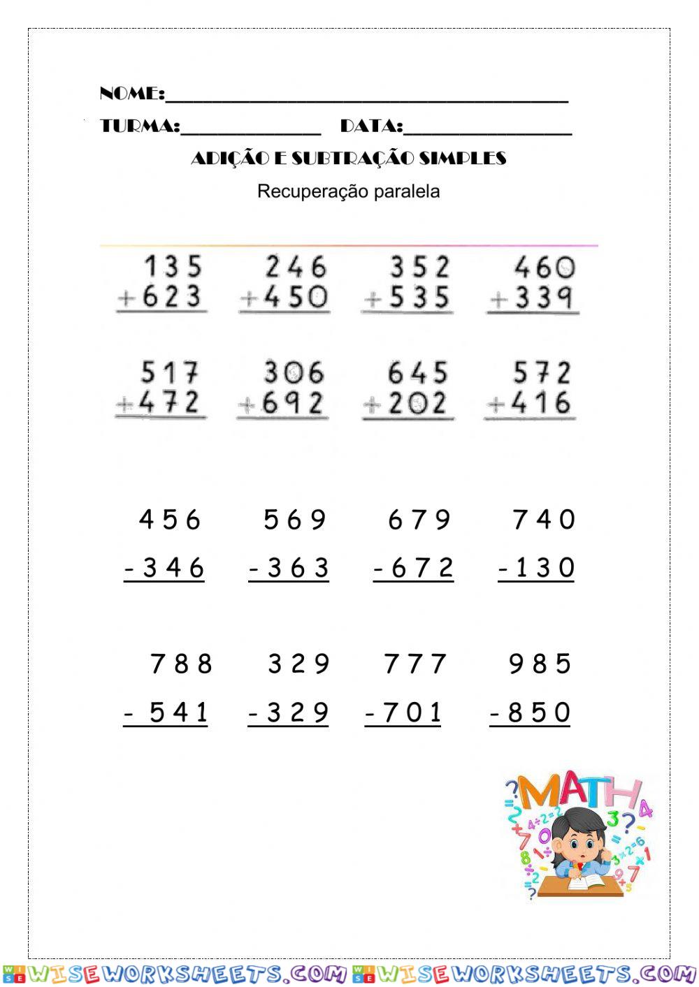 Adição e subtração simples Worksheet Online WiseWorksheets