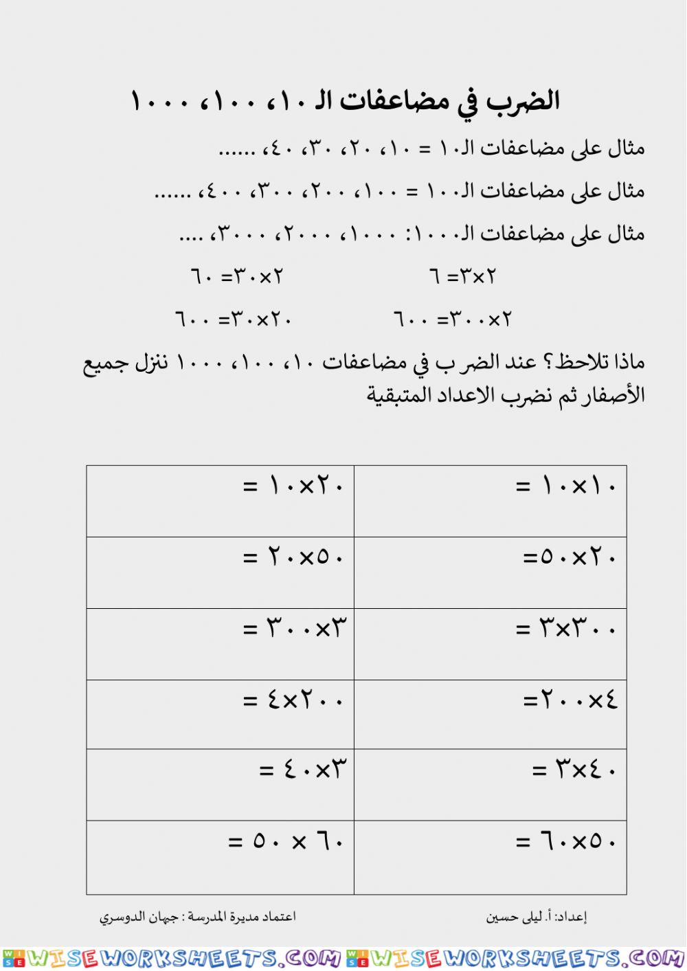 الضرب في مضاعفات 10، 100، 1000