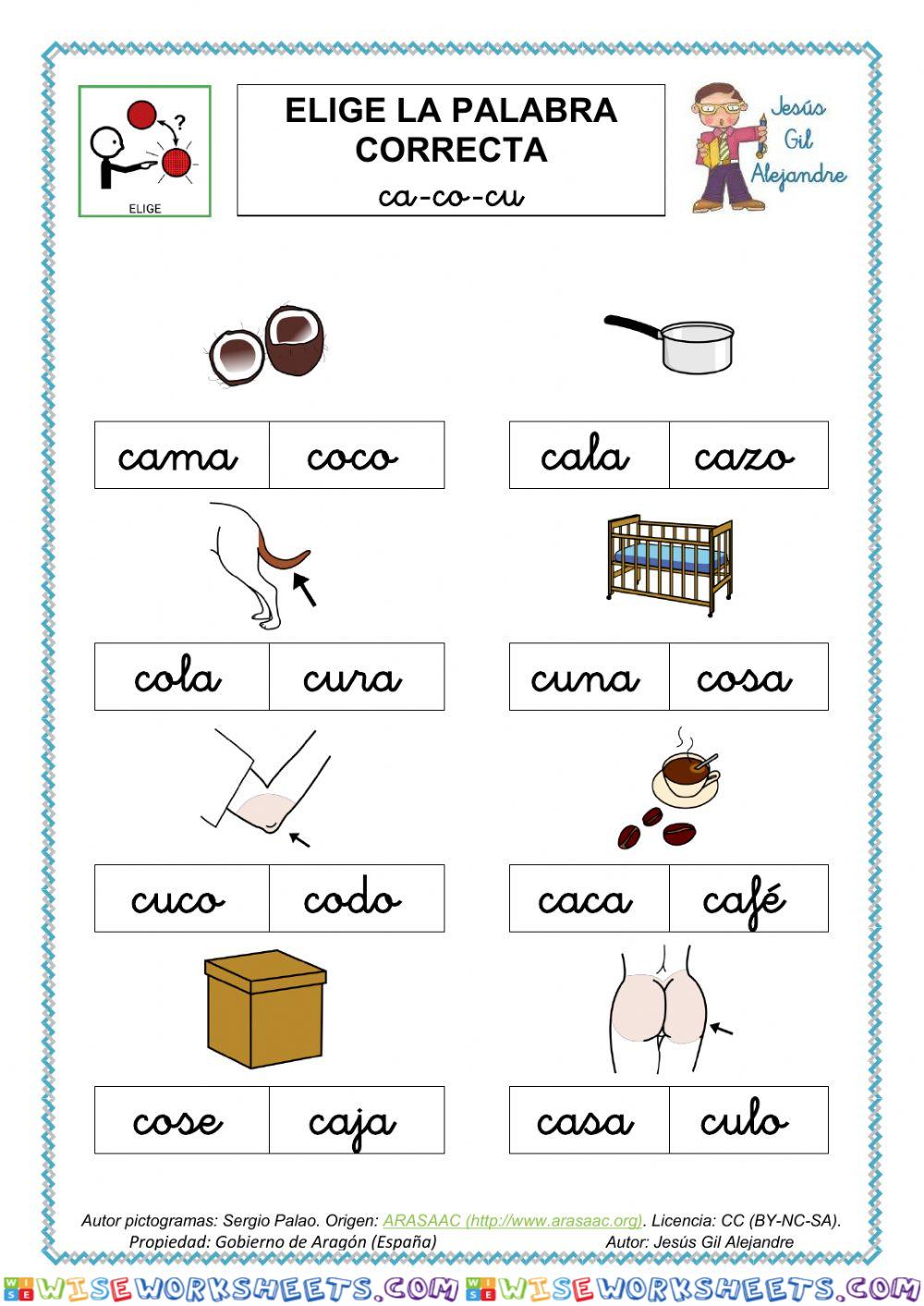 Elige la palabra correcta CON ca co cu minúsculas Worksheet Online ...