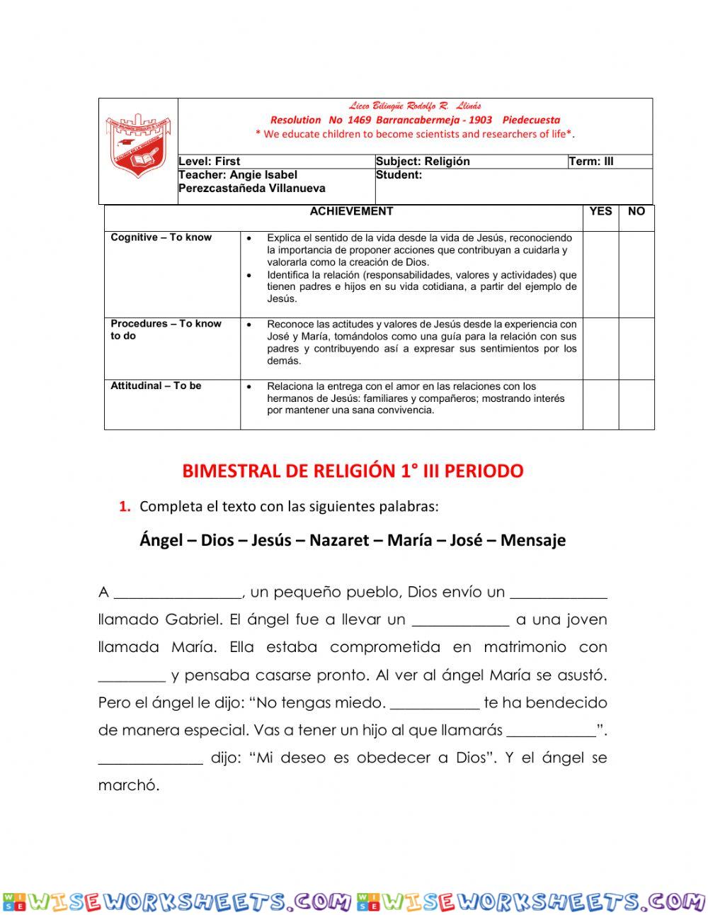 Bimestral de religión 1° III periodo