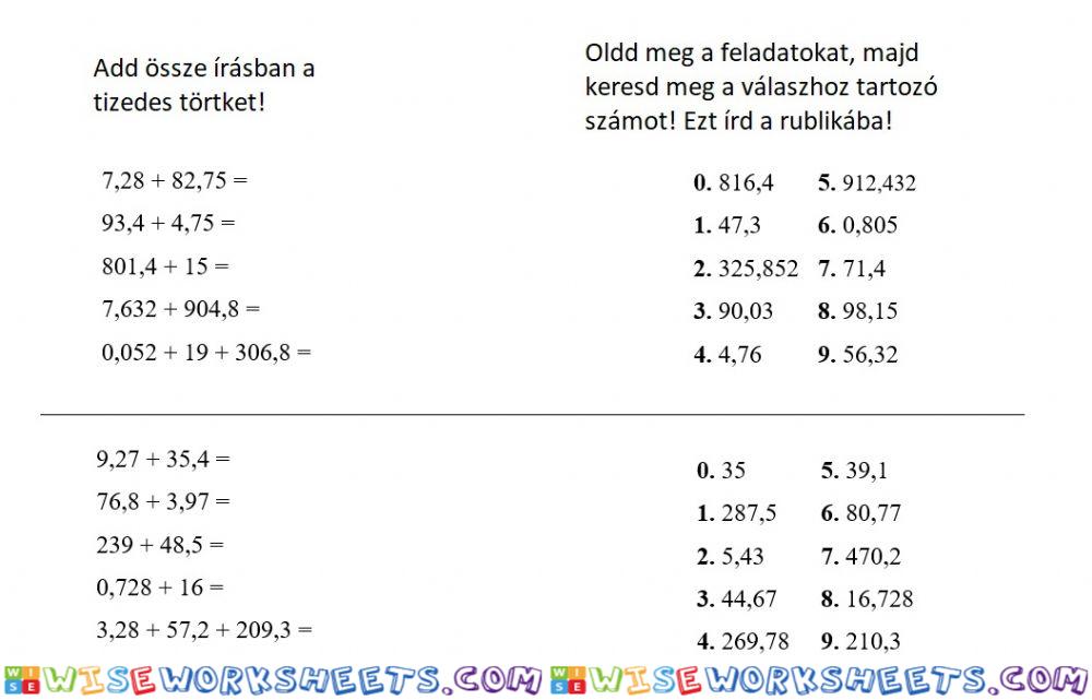 Tizedes törtek összeadása