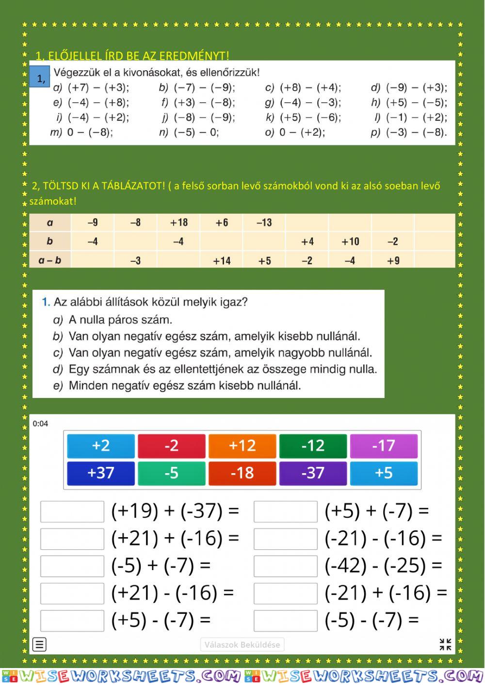 egész számok összeadás kivonás gyakorlása