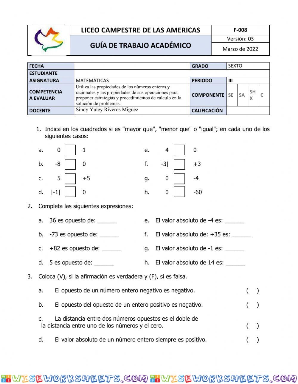 Orden números enteros y Valor absoluto