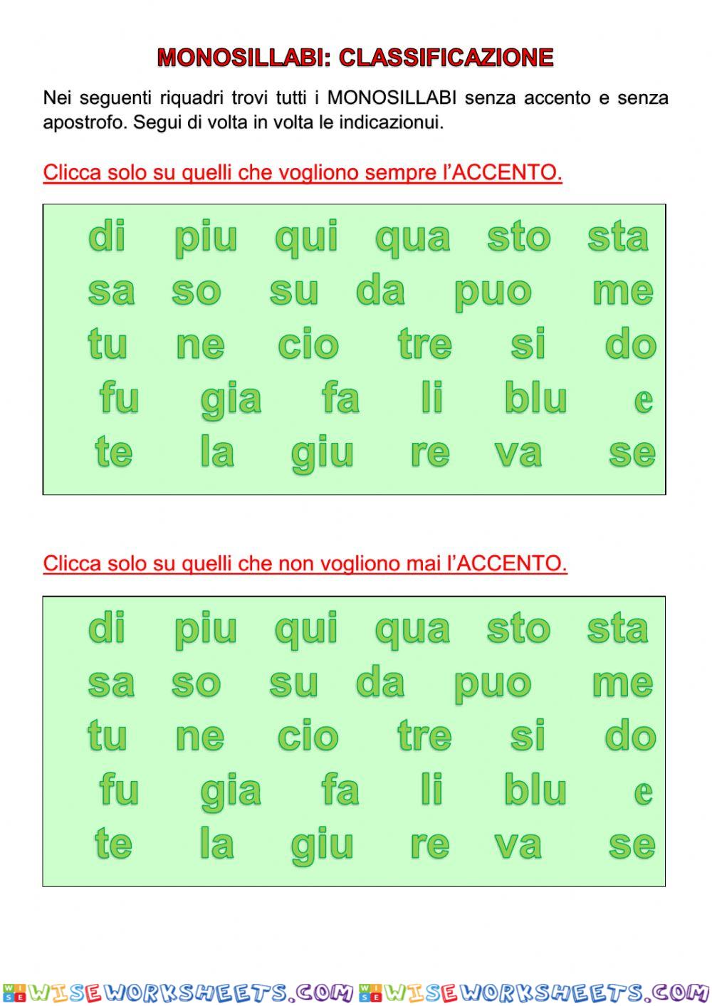 MONOSILLABI: classificazione