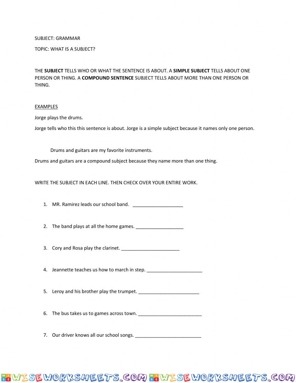 Worksheet for subject sentences