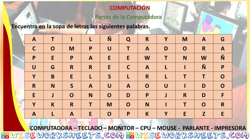 Partes de la computadora - Sopa de letras