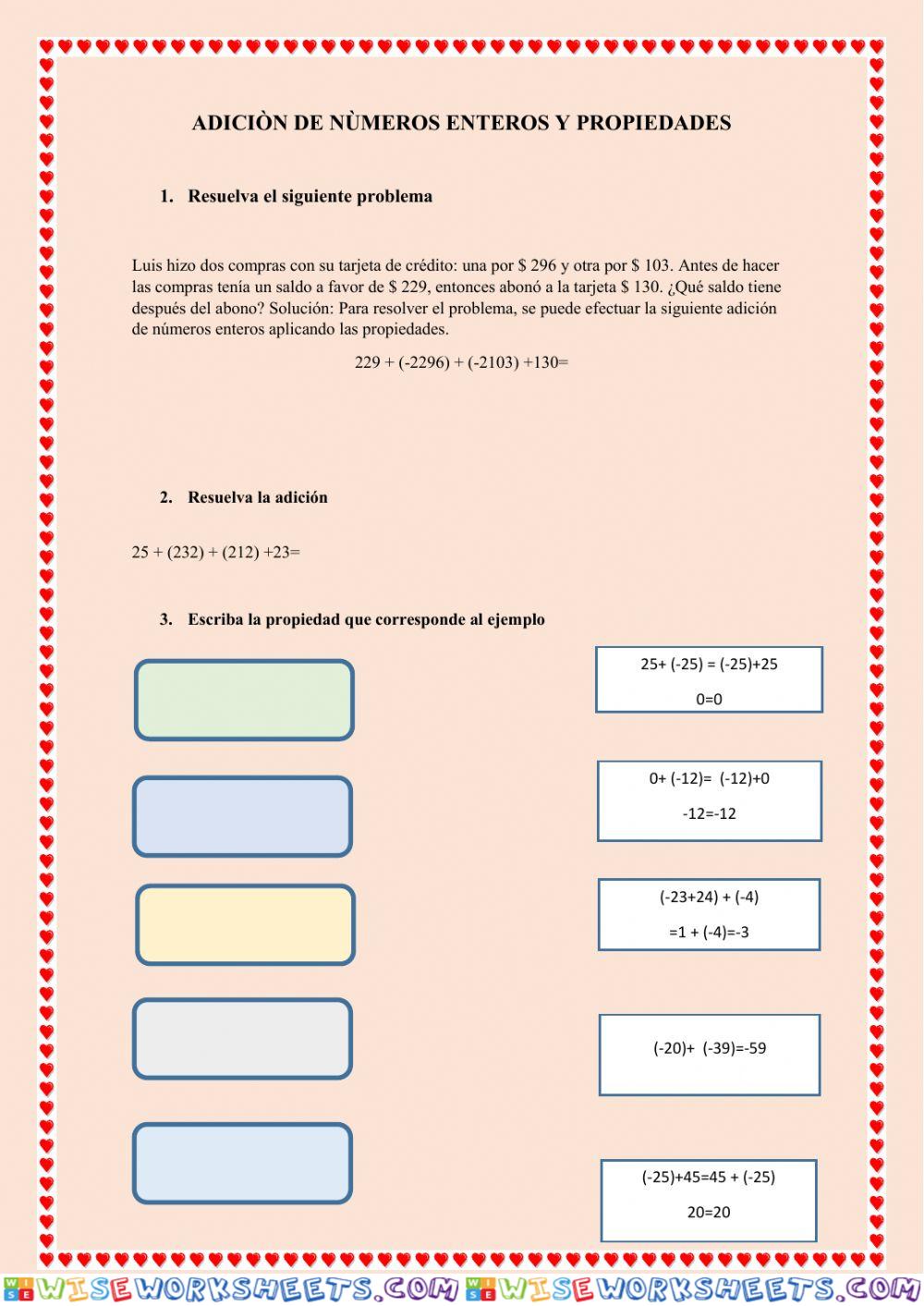 Adiciòn y propiedades de numeros enteros