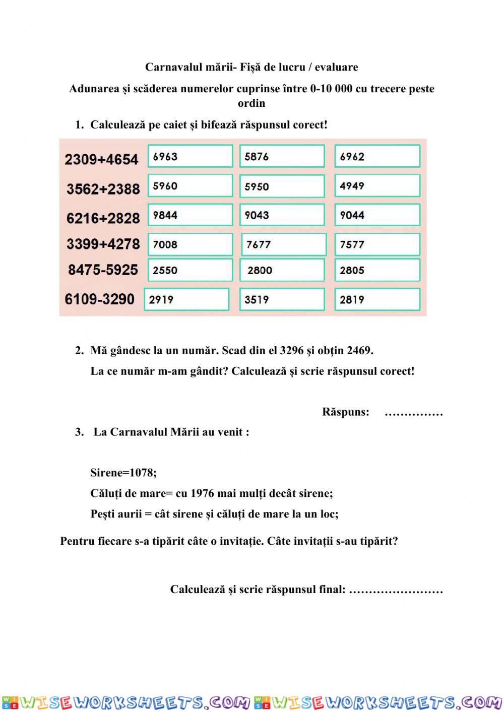Carnavalul mării- Fișă de lucru - evaluare Adunarea și scăderea numerelor cuprinse între 0-10 000 cu trecere peste ordin
