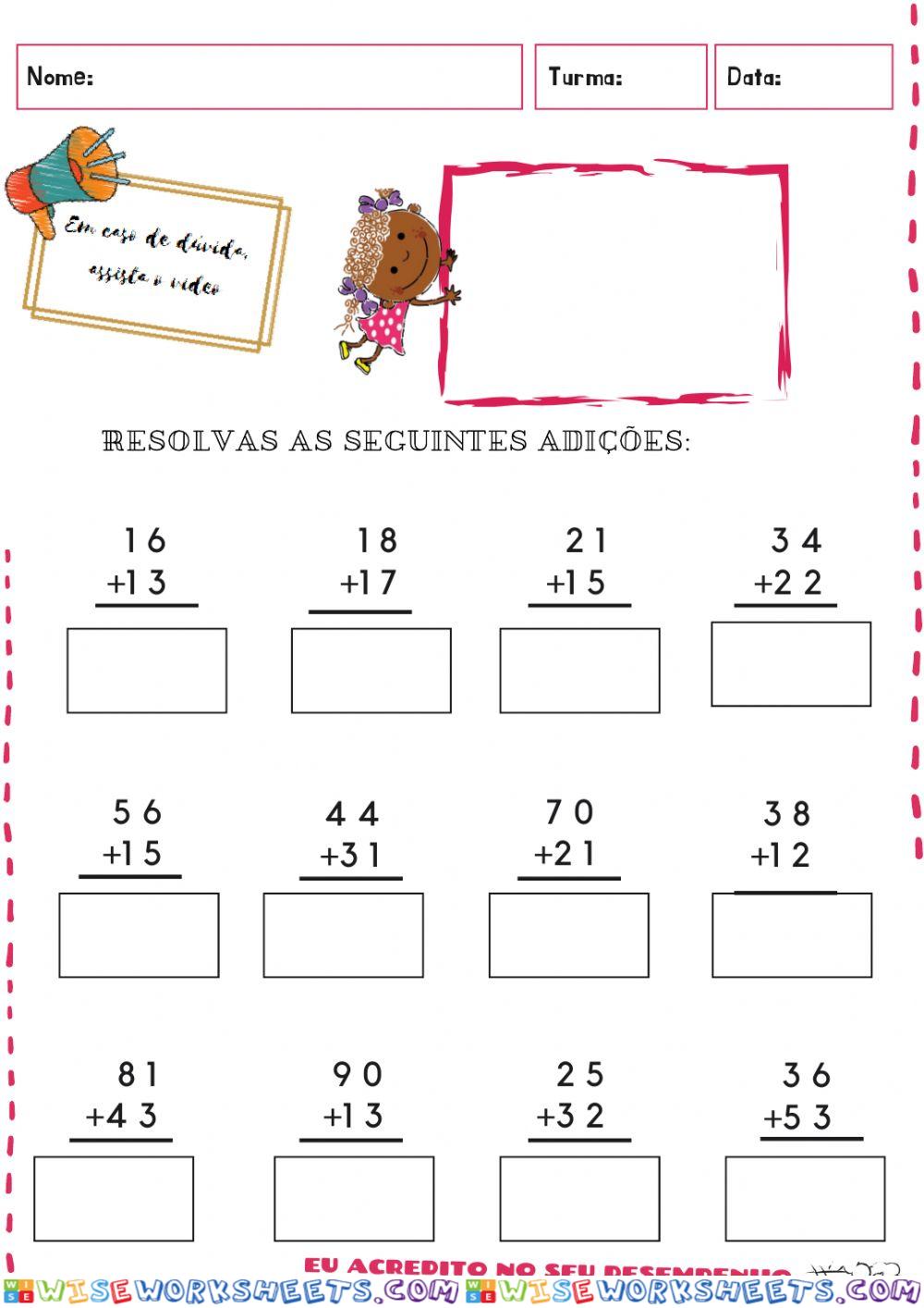 Adição com Números Naturais - Alfabetização Worksheet Online WiseWorksheets