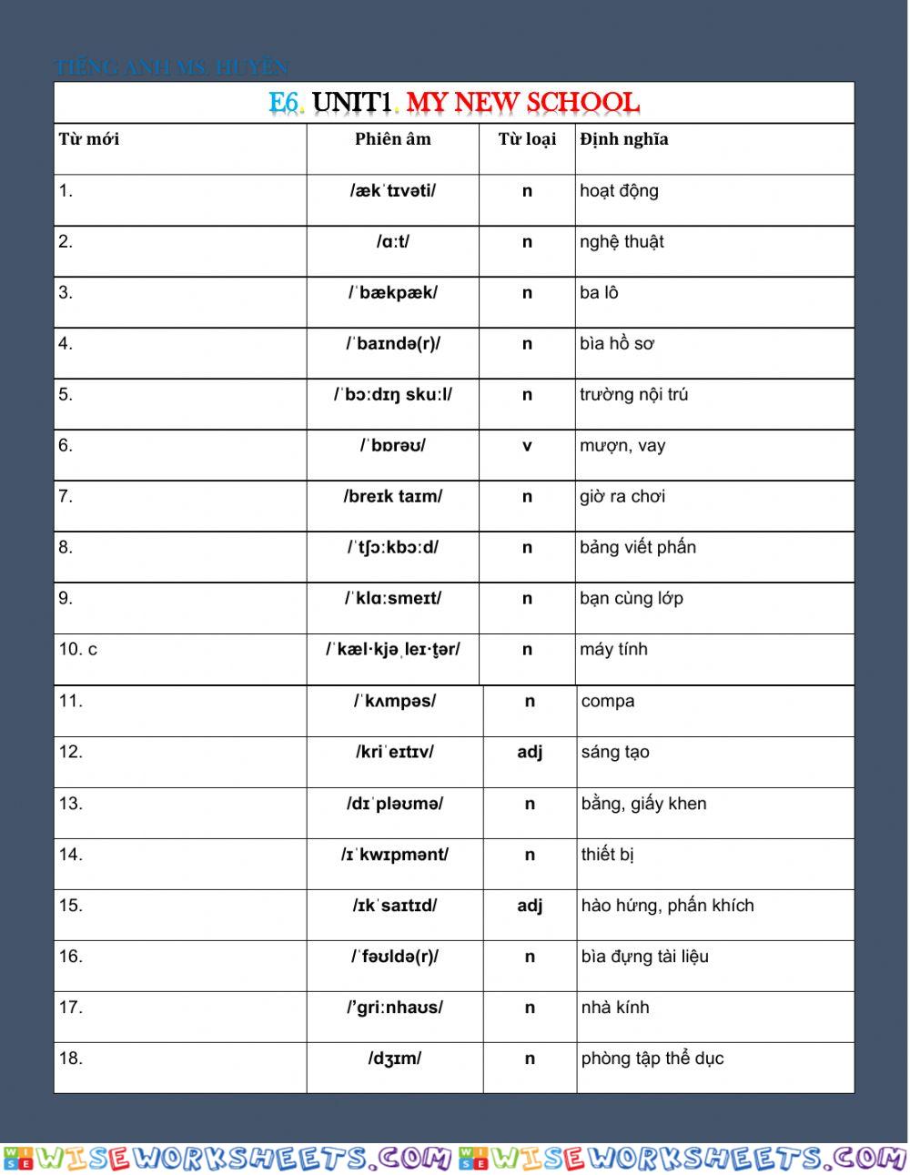 E6. unit 1. my new school vocab