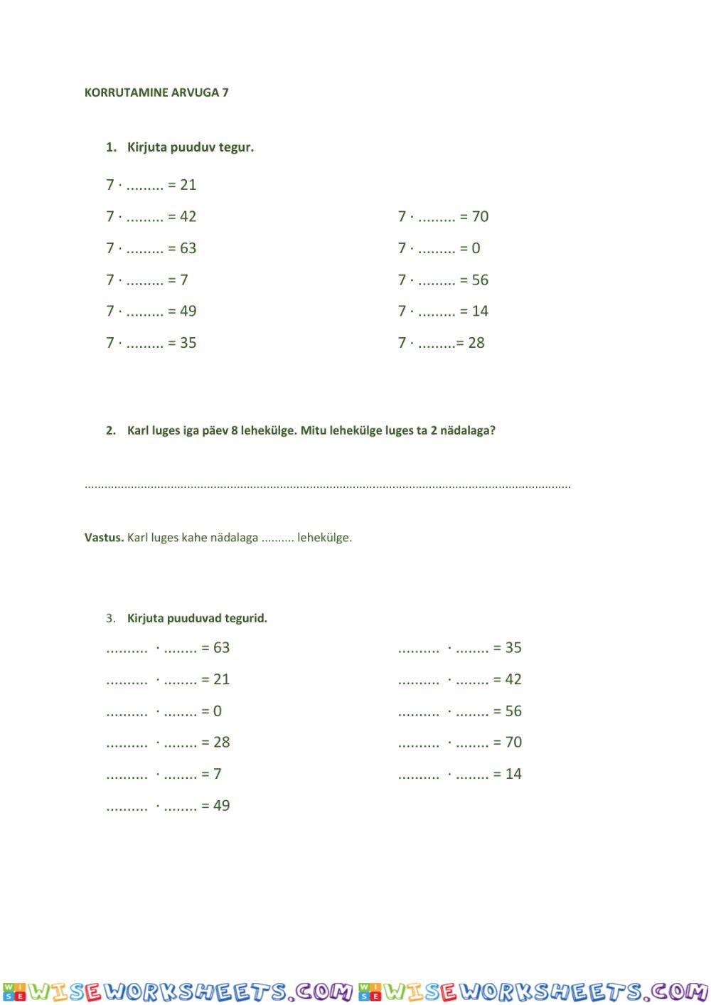 Korrutamine arvuga 7, 2. tööleht, 3. klass