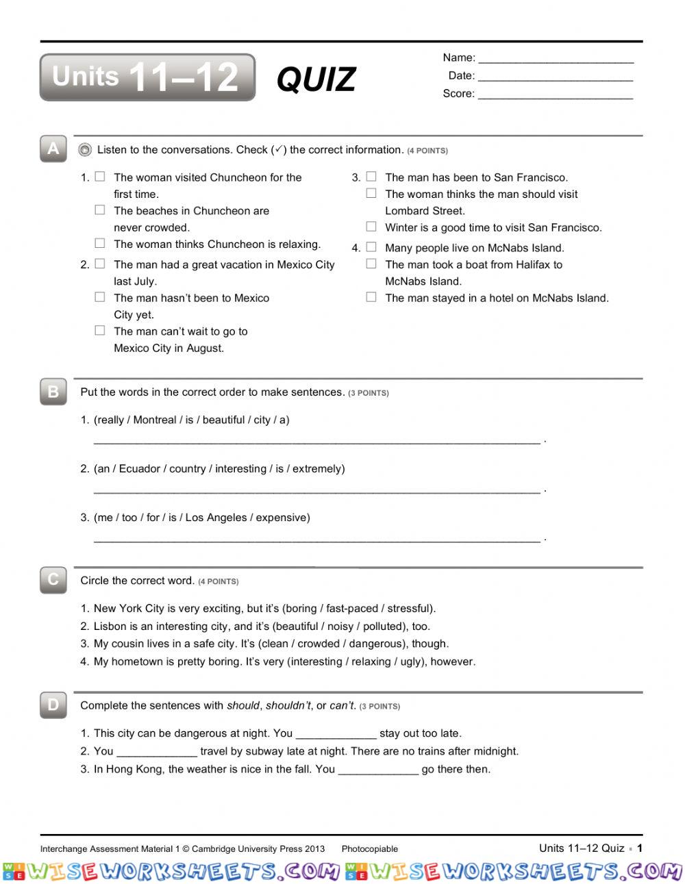 Quiz units: 11-12 (intermediate)