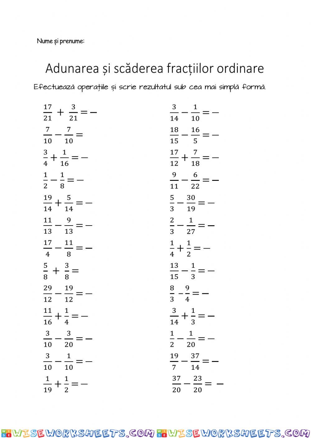 Adunarea și scăderea fracțiilor ordinare