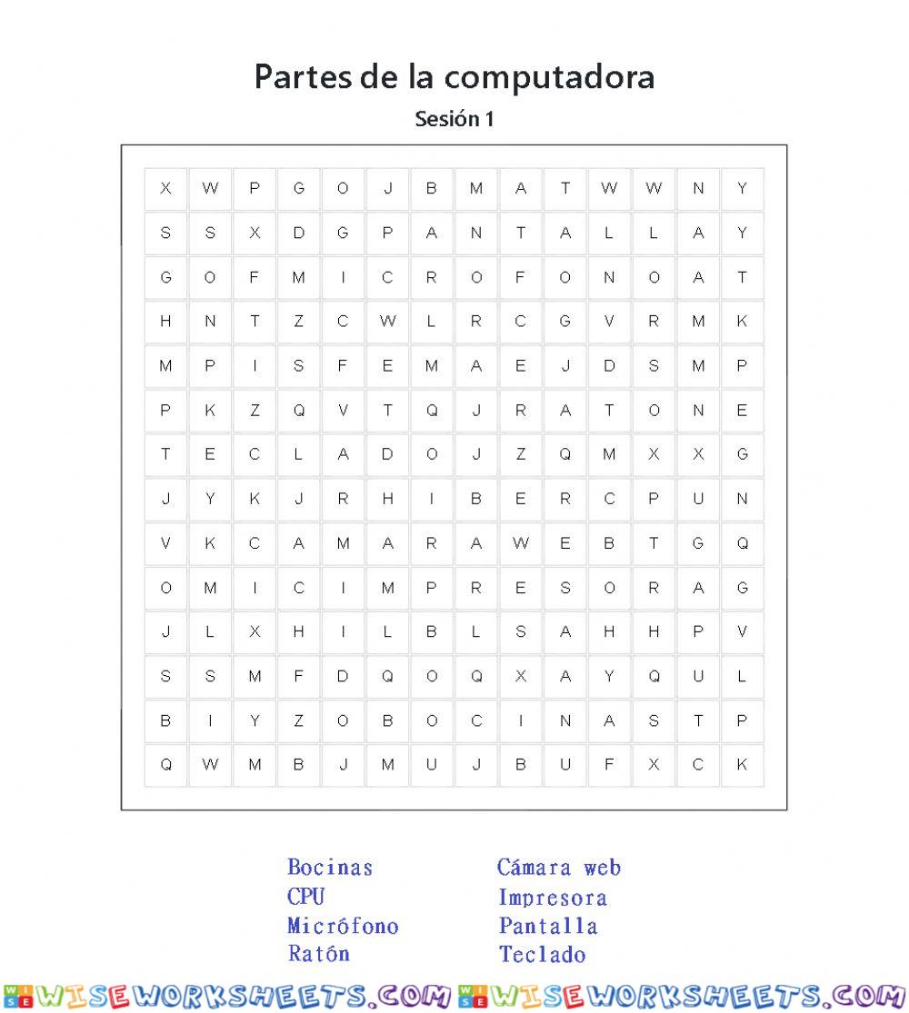 Sopa de letras Partes de la computadora