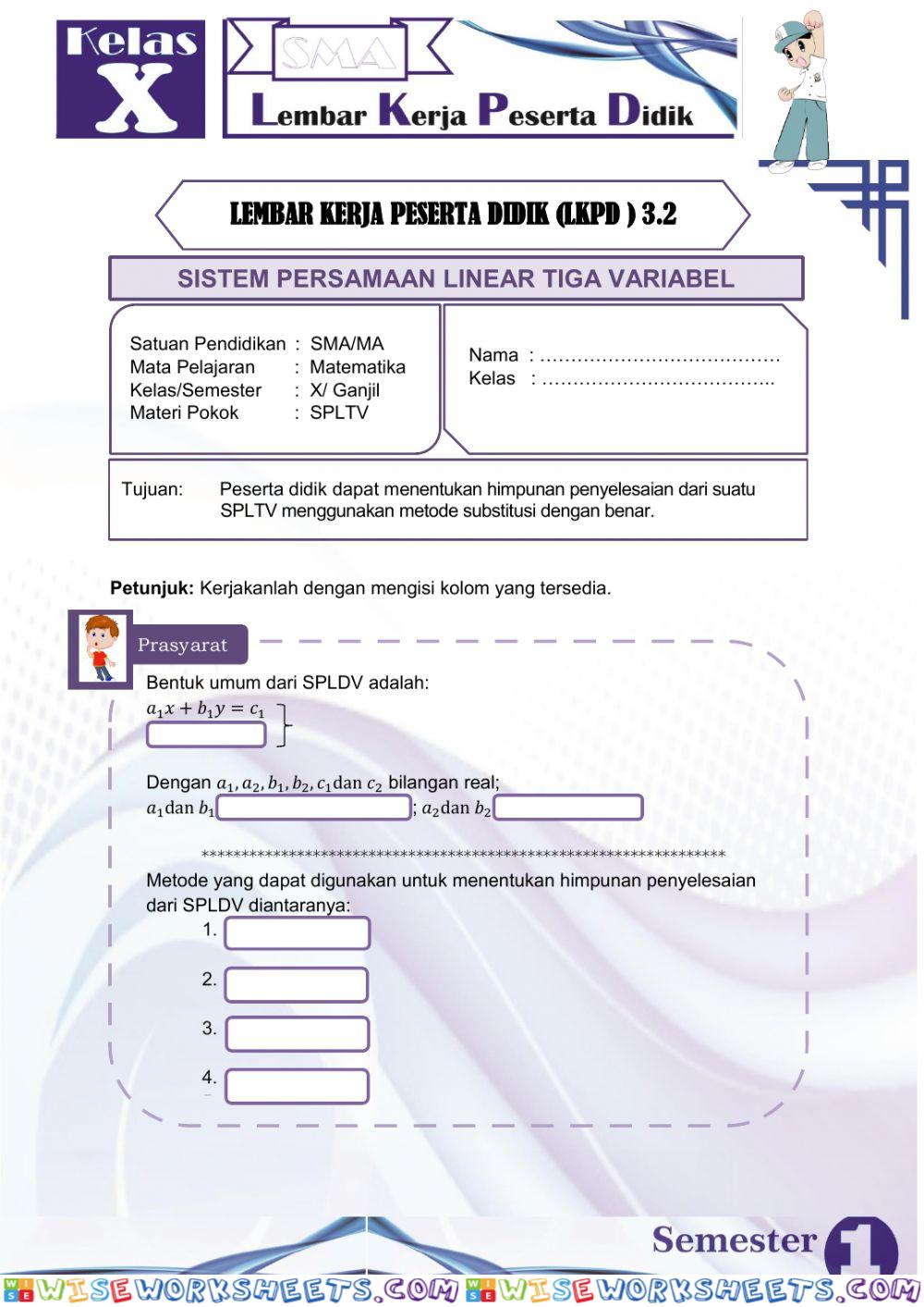 LKPD SPLTV 1 (Sistem Persamaan Linear Tiga Variabel)