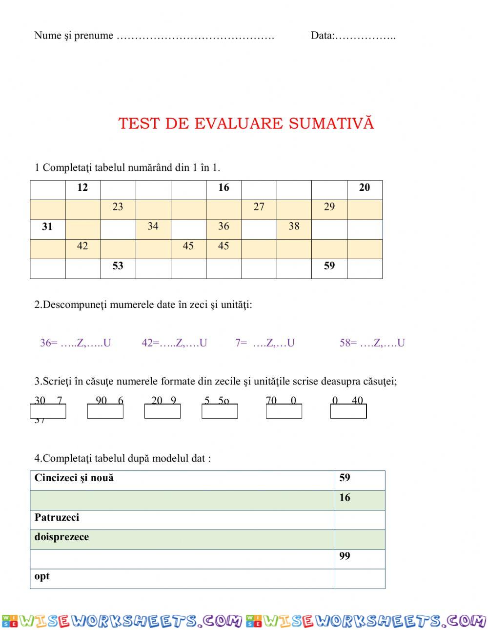 Evaluare sumativa clasa 1