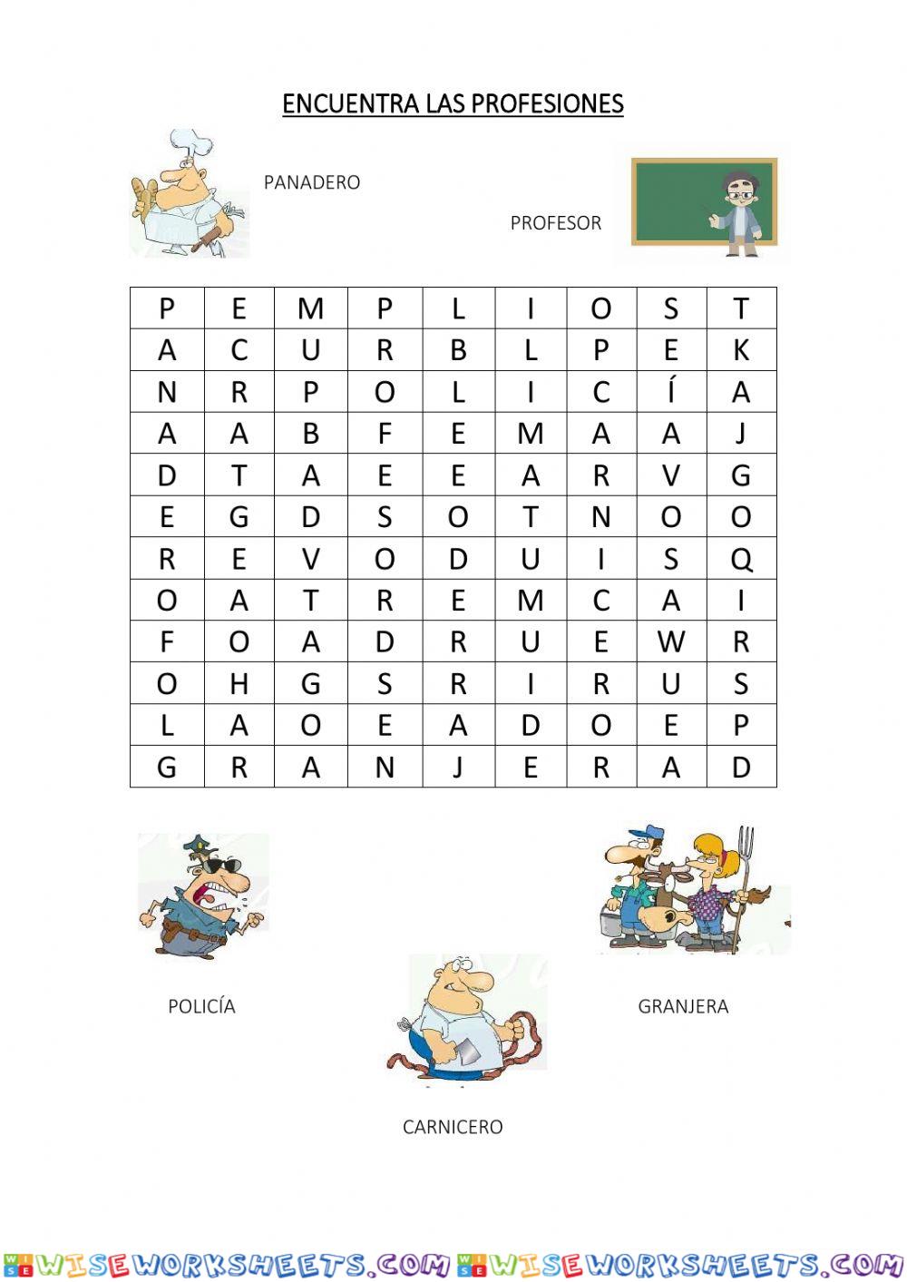 Sopa De Letras De Las Profesiones Worksheet Online Wiseworksheets