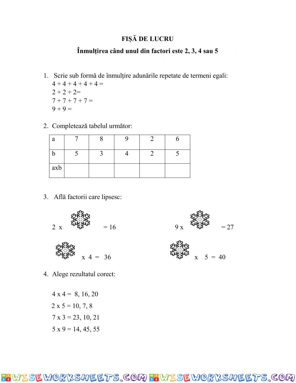 Inmulțirea când unul din factori este 2, 3, 4 sau 5