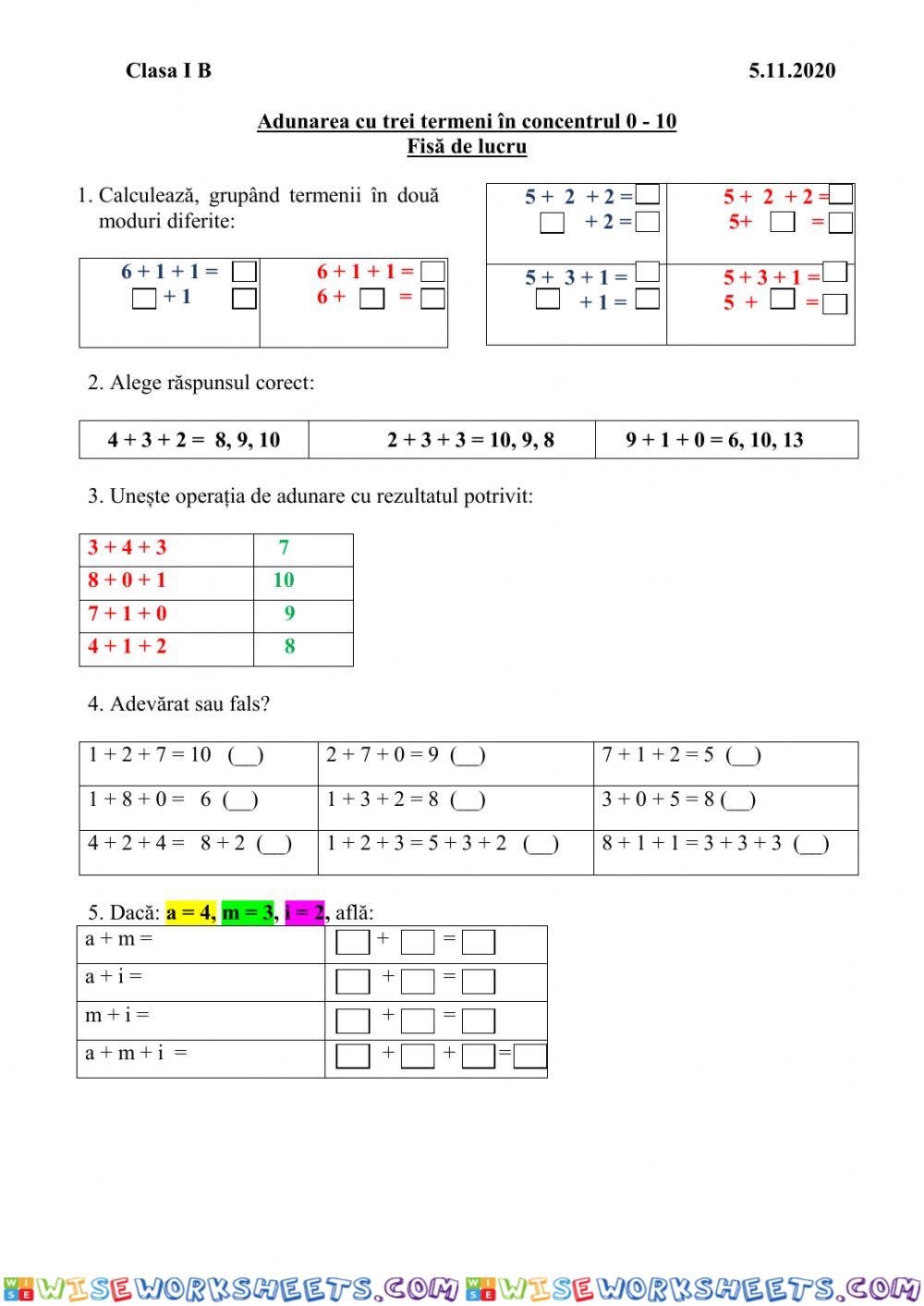 Adunarea cu trei termeni 0-10