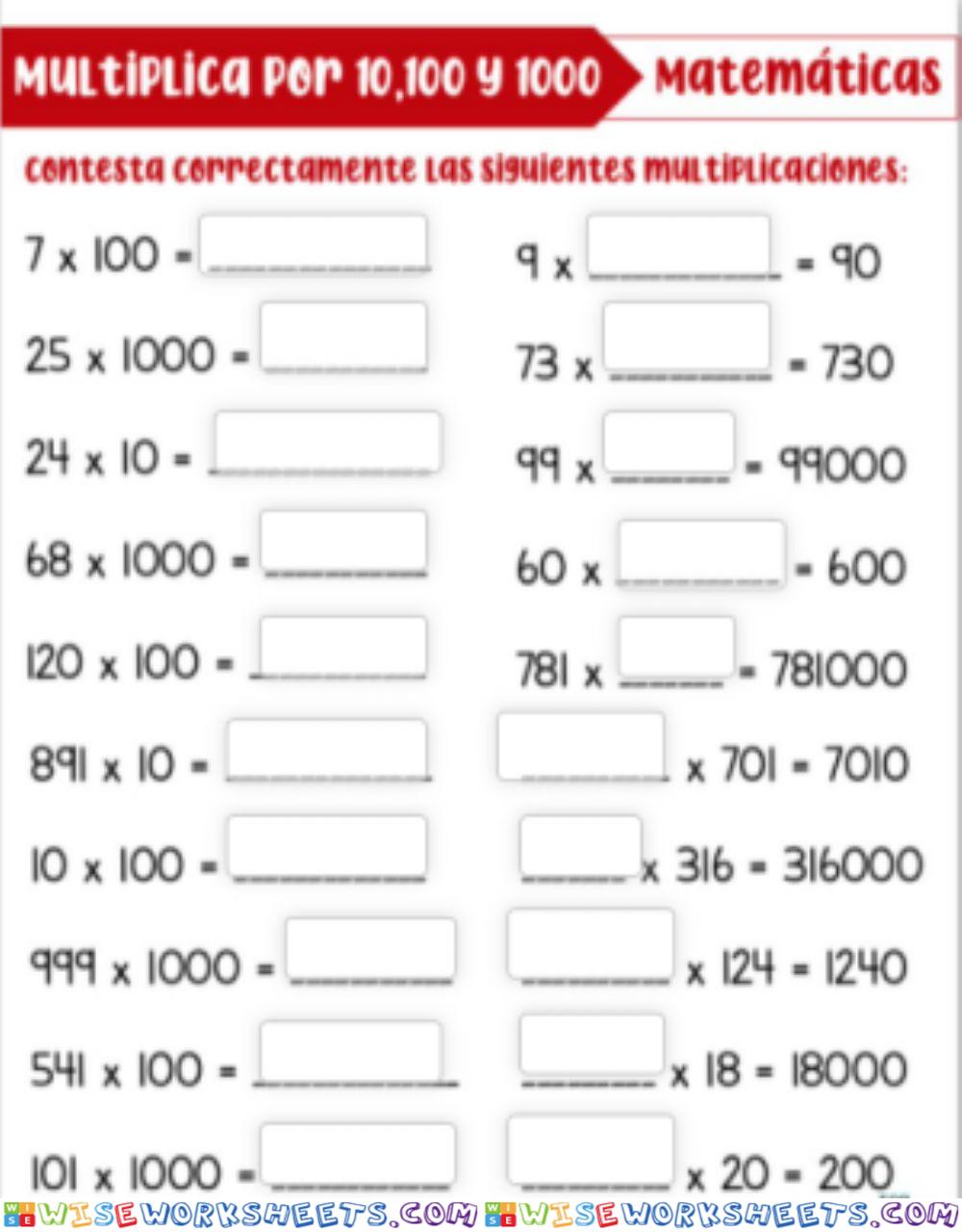 Multiplicación de números enteros 10,100 y 1000