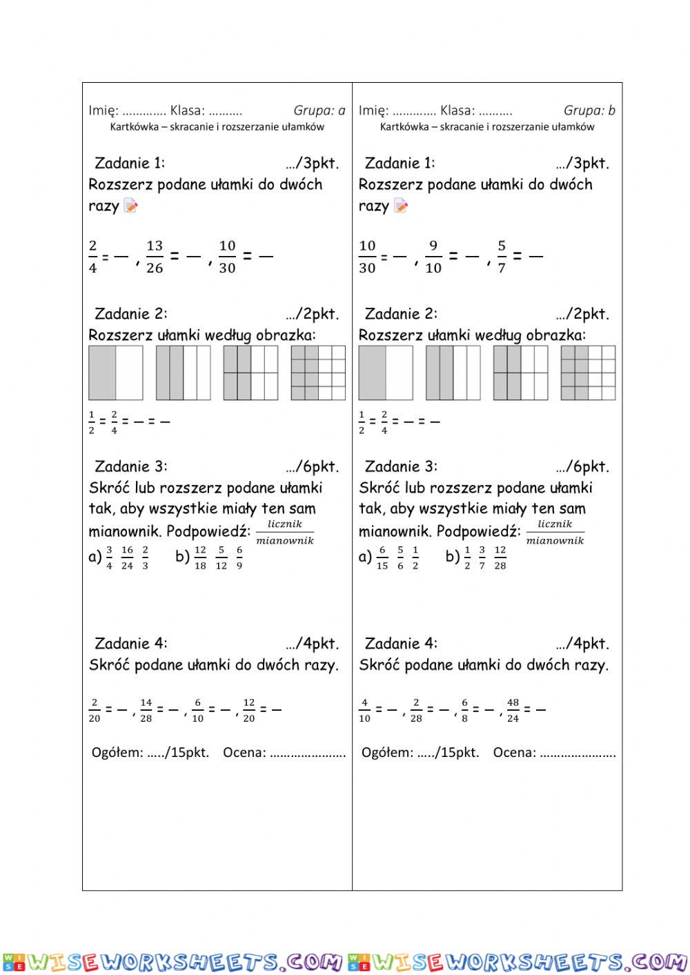 Kartkówka - rozszerzanie i skracanie ułamków - grupa -a-