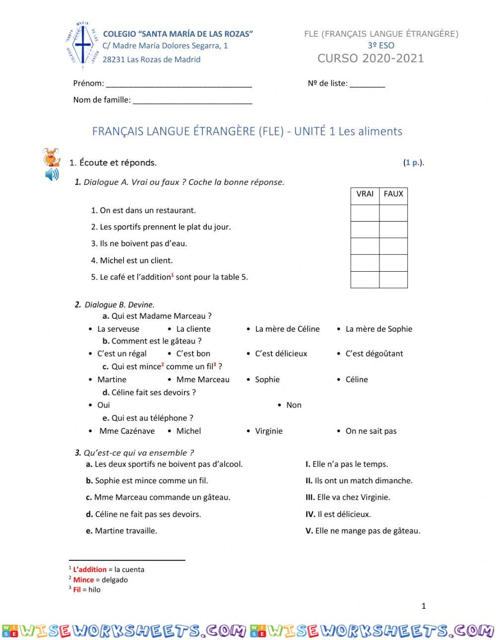 C Orale examen 3º Les aliments et la santé