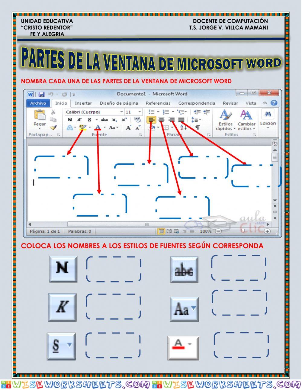 Rellenar las partes de la ventana de  microsoft word y DE los estilos de fuente