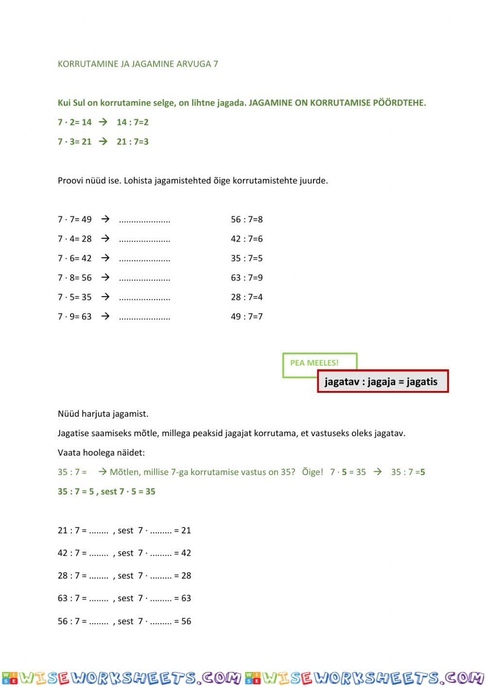 Korrutamine ja jagamine arvuga 7, jagamise loogika kordamine, 3.a