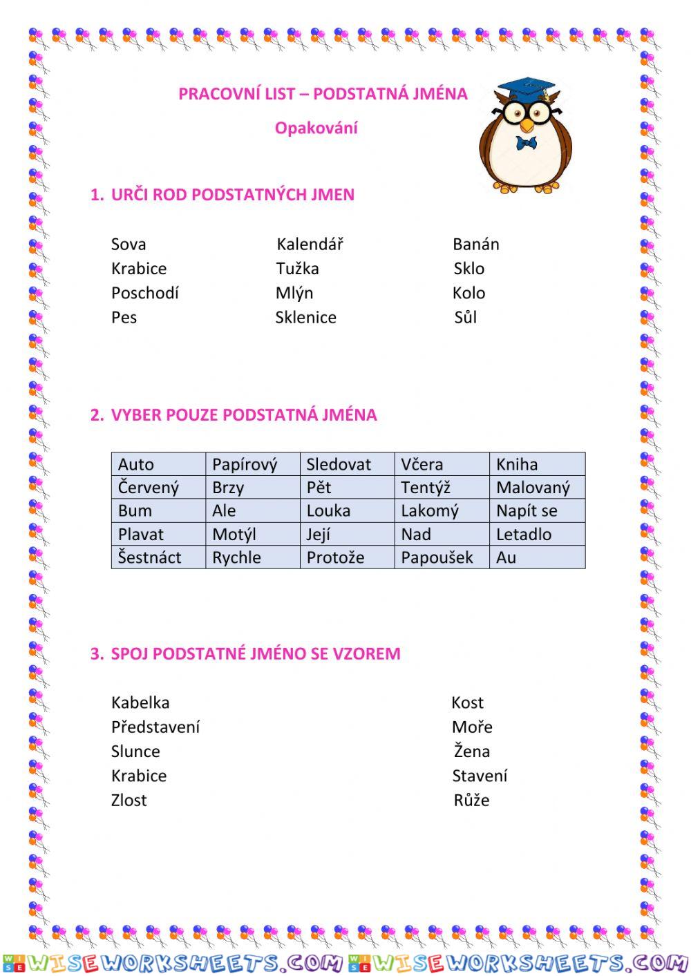 Pracovní list - podstatná jména