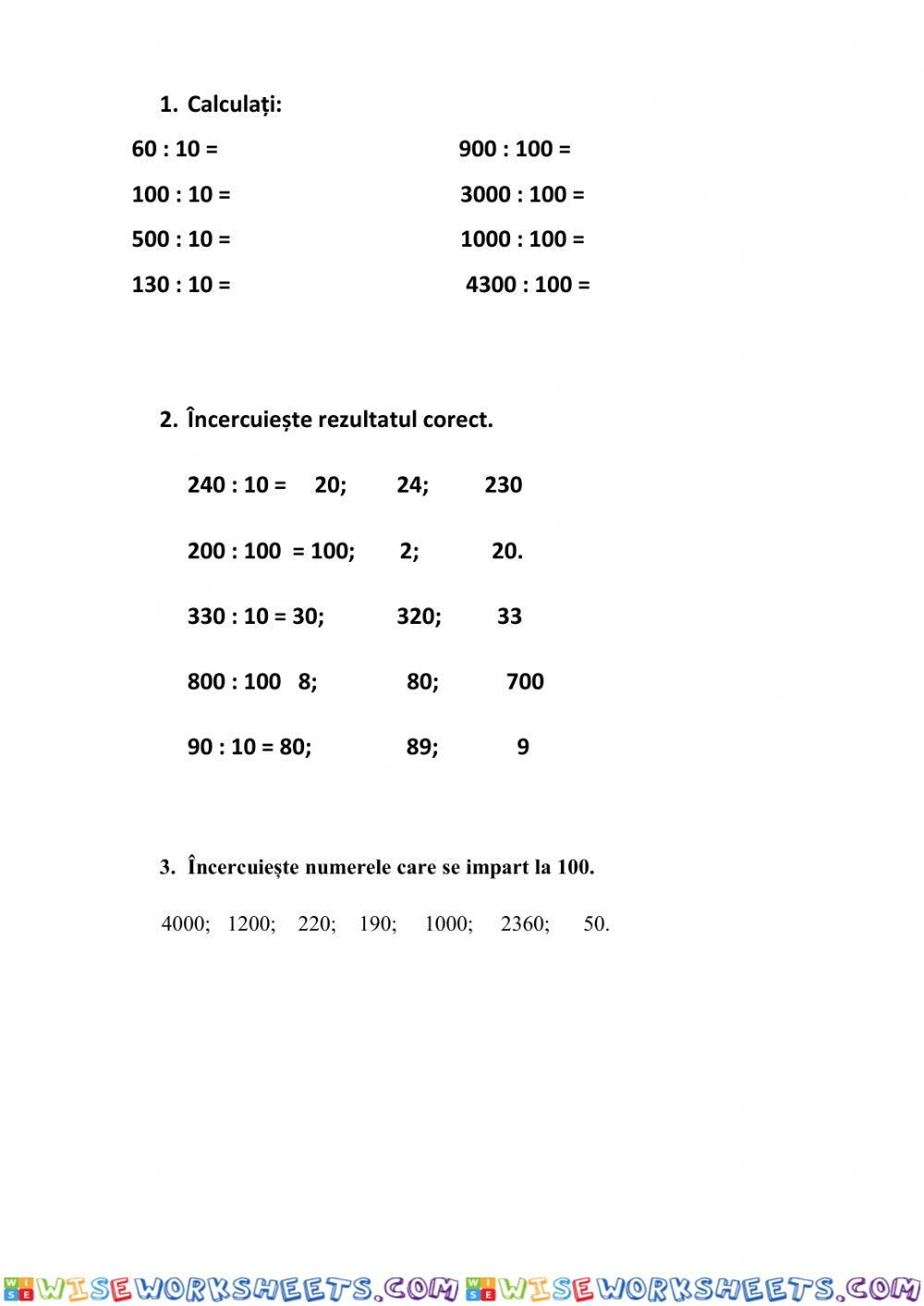 Împărțirea la 10 , la 100
