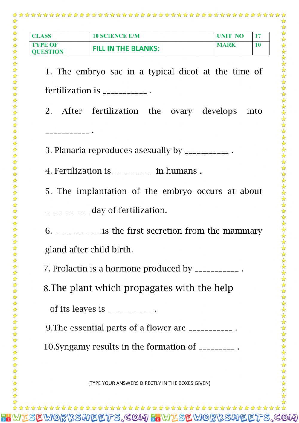 Sslc science (e-m) unit.17.Reproduction in plants and animals Fillups