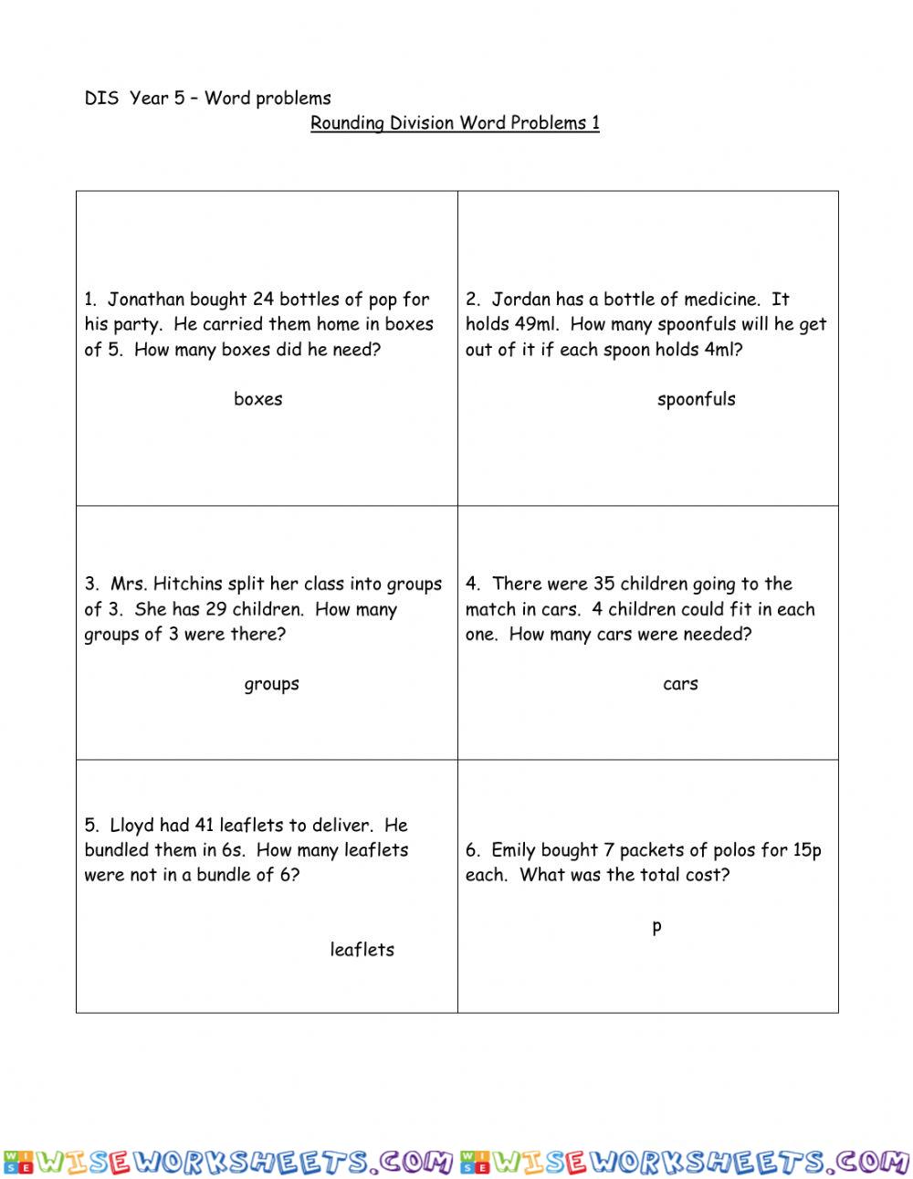 DIS  Year 5 – Rounding Division Word Problems 1