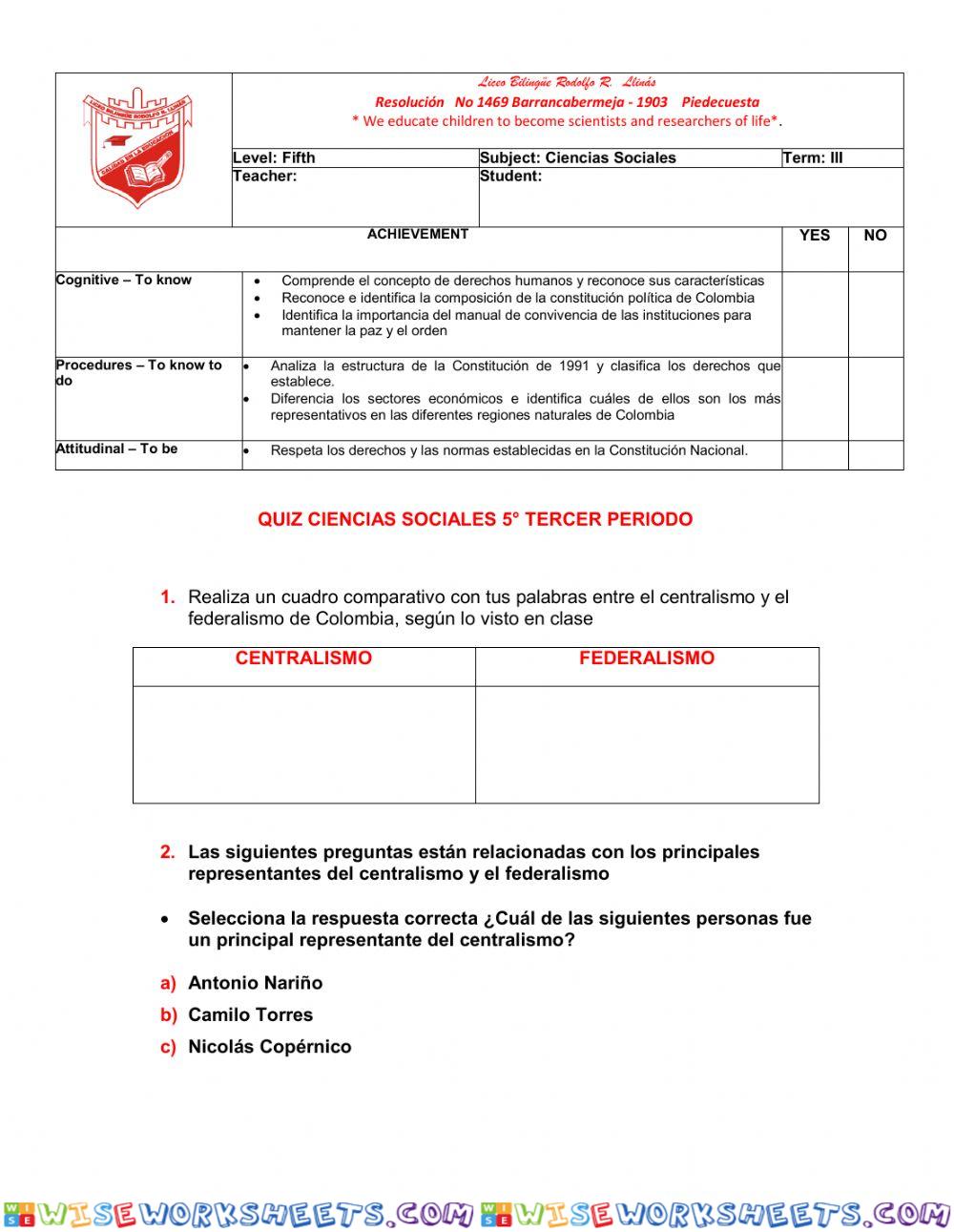 Quiz ciencias sociales 5° tercer periodo